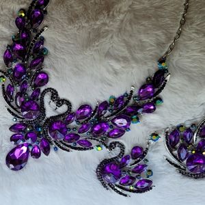 New Purple & AB Rhinestone Swan Necklace Set
